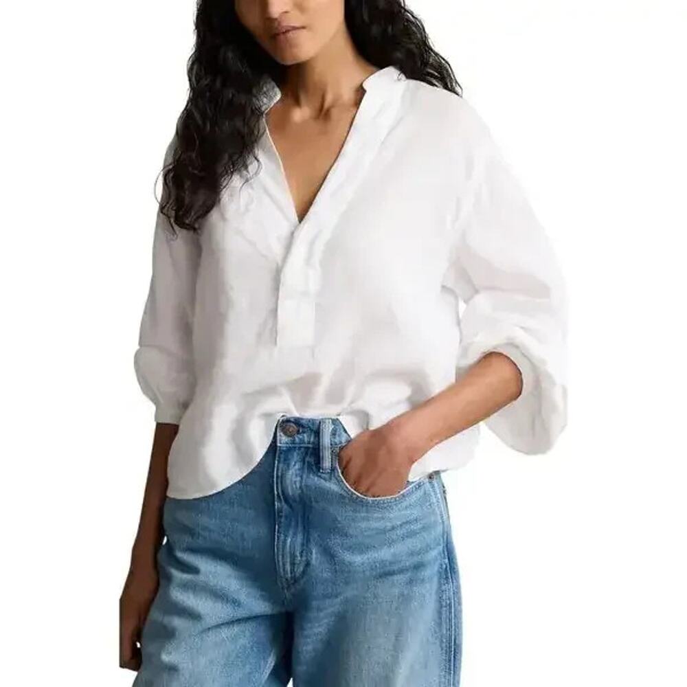 Polo Ralph Lauren Puff Sleeve Linen Popover Shirt Clean White US 6